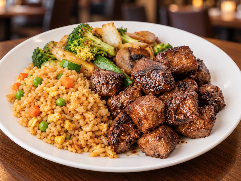 Plate of hibachi steak with fried rice, broccoli, zucchini and mushrooms