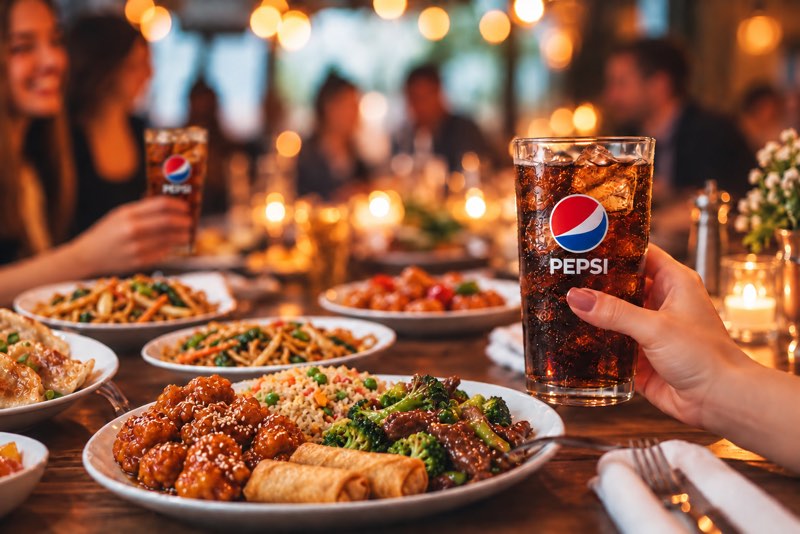 Friends sharing Chinese dishes at a long table under string lights, raising glasses of soda